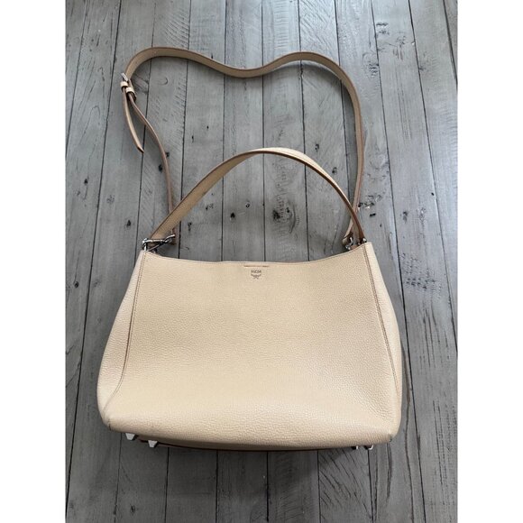 MCM Grained Calfskin Medium Sarah Hobo Tote Latte Beige...